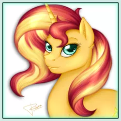 Size: 980x980 | Tagged: safe, artist:puggie, derpibooru import, sunset shimmer, pony, framed picture, lips, picture frame, simple background, solo, white background