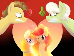 Size: 4000x3000 | Tagged: safe, artist:itssopanda, derpibooru import, bright mac, grand pear, granny smith, pear butter, pony, the perfect pear, brightbutter, cross-popping veins, enemies, father and daughter, female, male, mother and child, mother and son, shipping, straight, young grand pear, young granny smith, younger
