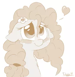 Size: 1400x1440 | Tagged: safe, artist:fakskis, derpibooru import, pear butter, earth pony, pony, the perfect pear, blushing, bust, buttercup, chest fluff, cute, female, floating heart, floppy ears, flower, flower in hair, freckles, gray background, heart, lidded eyes, looking up, mare, monochrome, neck fluff, pearabetes, pictogram, portrait, simple background, sketch, smiling, solo, spoken heart