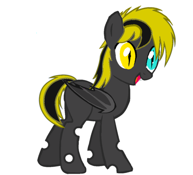 Size: 938x851 | Tagged: safe, artist:alitamedicia, derpibooru import, oc, oc:mutandis, unofficial characters only, bat pony, changeling, hybrid, pony, changeling oc, commission, foal, heterochromia, simple background, white background, yellow changeling