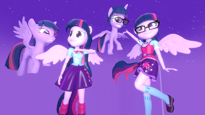 Size: 708x398 | Tagged: safe, artist:sky chaser, derpibooru import, sci-twi, twilight sparkle, twilight sparkle (alicorn), ponified, alicorn, pony, equestria girls, 3d, equestria girls ponified, human ponidox, multeity, ponied up, scitwilicorn, self ponidox, source filmmaker, sparkle sparkle sparkle, twolight