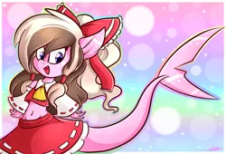 Size: 3000x2040 | Tagged: anthro, artist:ashee, belly button, bow, clothes, cosplay, costume, derpibooru import, fangs, hair bow, hakurei reimu, oc, oc:ashee, original species, safe, shark, shark pony, solo, touhou, unofficial characters only