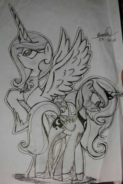 Size: 550x819 | Tagged: safe, artist:emositecc, derpibooru import, princess celestia, princess luna, alicorn, pony, angry, crying, duo, female, mare, monochrome, raised hoof, signature, simple background, sisters, spread wings, traditional art, white background, wings