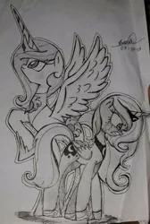 Size: 550x819 | Tagged: safe, artist:emositecc, derpibooru import, princess celestia, princess luna, alicorn, pony, angry, crying, duo, female, mare, monochrome, raised hoof, signature, simple background, sisters, spread wings, traditional art, white background, wings