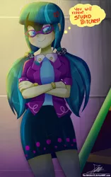 Size: 1004x1596 | Tagged: safe, artist:the-butch-x, derpibooru import, juniper montage, equestria girls, movie magic, spoiler:eqg specials, bitch, bracelet, clothes, crossed arms, dialogue, evil grin, female, glasses, grin, jewelry, legs, pigtails, shirt, signature, skirt, smiling, solo, speech bubble, vulgar