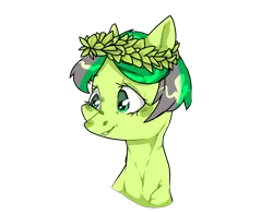 Size: 1400x1100 | Tagged: safe, artist:cloudyhills, derpibooru import, oc, unofficial characters only, earth pony, pony, bust, female, flower, flower in hair, foal, mare, pixel art, portrait, simple background, smiling, solo, transparent background, wreath