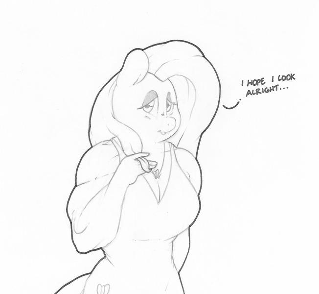 Size: 1280x1178 | Tagged: anthro, artist:zacharyisaacs, breasts, busty fluttershy, clothes, date night, derpibooru import, dress, female, fluttershy, jewelry, makeup, mare, monochrome, muscles, muscleshy, necklace, pegasus, safe, solo, tumblr comic