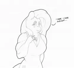 Size: 1280x1178 | Tagged: anthro, artist:zacharyisaacs, breasts, busty fluttershy, clothes, date night, derpibooru import, dress, female, fluttershy, jewelry, makeup, mare, monochrome, muscles, muscleshy, necklace, pegasus, safe, solo, tumblr comic