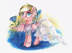 Size: 1024x759 | Tagged: safe, artist:moonlight-ki, derpibooru import, oc, oc:bay breeze, unofficial characters only, pony, bow, clothes, dress, flower, solo, traditional art