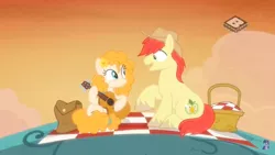 Size: 910x512 | Tagged: safe, derpibooru import, screencap, bright mac, pear butter, pony, the perfect pear, brightbutter, cowboy hat, female, guitar, hat, male, picnic, shipping, stetson, straight