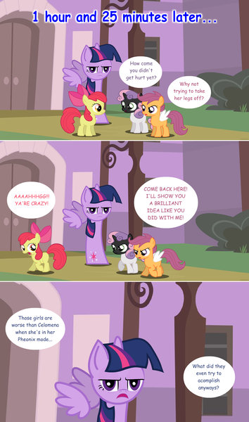 Size: 1280x2168 | Tagged: safe, artist:hakunohamikage, derpibooru import, apple bloom, scootaloo, sweetie belle, twilight sparkle, twilight sparkle (alicorn), alicorn, pony, ask-princesssparkle, ask, askpinytwilight, burned, cast, comic, cutie mark crusaders, running, this will end in tears and/or death and/or covered in tree sap, tree sap and pine needles, tumblr, unamused