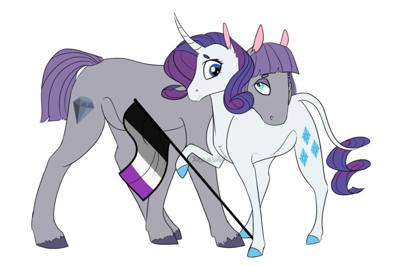 Size: 2382x1587 | Tagged: safe, artist:xenalollie, deleted from derpibooru, derpibooru import, maud pie, rarity, pony, asexual, asexual pride flag, curved horn, female, flag, lesbian, pride, pride month, rarimaud, shipping, simple background, transparent background, wrong cutie mark