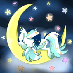 Size: 2000x2000 | Tagged: safe, artist:thelittleone, derpibooru import, oc, oc:wistful galaxy, unofficial characters only, bat pony, pony, crescent moon, cute, ethereal mane, female, moon, multicolored hair, nap, sleeping, solo, starry mane, stars, tangible heavenly object, transparent moon, ych result