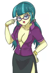Size: 2362x3507 | Tagged: suggestive, artist:sumin6301, derpibooru import, juniper montage, equestria girls, movie magic, spoiler:eqg specials, absolute cleavage, breasts, busty juniper montage, cleavage, clothes, female, glasses, simple background, solo, solo female, white background