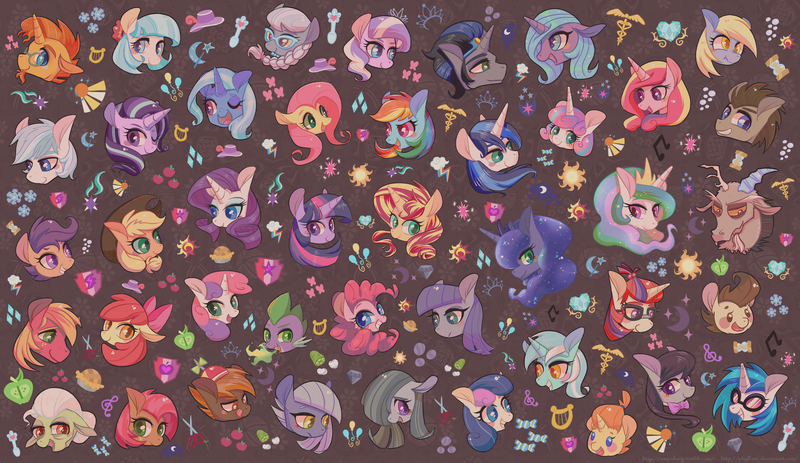 Size: 1600x926 | Tagged: safe, artist:phyllismi, derpibooru import, apple bloom, applejack, babs seed, big macintosh, bon bon, button mash, coco pommel, derpy hooves, diamond tiara, discord, doctor whooves, double diamond, fluttershy, granny smith, king sombra, limestone pie, lyra heartstrings, marble pie, maud pie, moondancer, octavia melody, pinkie pie, princess cadance, princess celestia, princess flurry heart, princess luna, rainbow dash, rarity, scootaloo, shining armor, silver spoon, spike, starlight glimmer, sunburst, sunset shimmer, sweetie belle, sweetie drops, time turner, trixie, twilight sparkle, vinyl scratch, dragon, pony, unicorn, apple bloom's bow, applejack's hat, blushing, bow, bust, cowboy hat, cutie mark, cutie mark crusaders, everypony, female, filly, fire, fire breath, floppy ears, foal, glasses, hair bow, hat, jewelry, looking at you, looking away, male, mane seven, mane six, mare, one eye closed, open mouth, regalia, smiling, stallion, tiled background, wall of tags, wallpaper