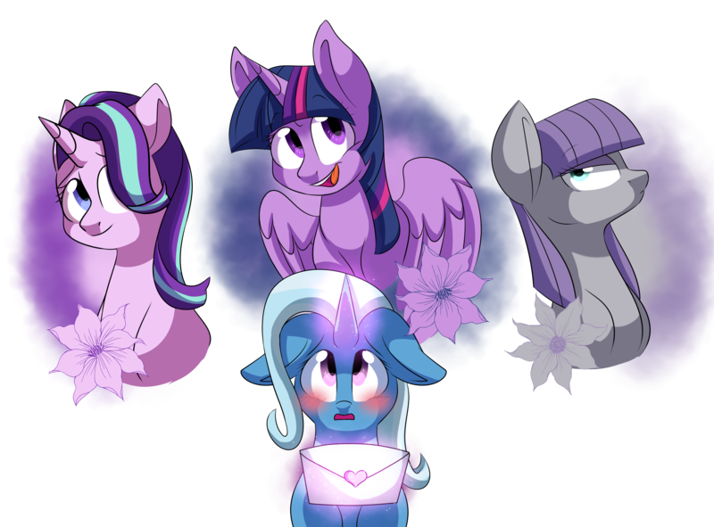 Size: 5220x3854 | Tagged: safe, artist:chub-wub, derpibooru import, maud pie, starlight glimmer, trixie, twilight sparkle, twilight sparkle (alicorn), alicorn, earth pony, pony, unicorn, absurd resolution, blushing, female, flower, glowing horn, lesbian, letter, love letter, mare, mauxie, shipping, simple background, startrix, transparent background, twixie