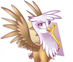 Size: 1620x1386 | Tagged: safe, artist:fanch1, derpibooru import, gilda, gryphon, beak, female, hand on face, image, looking at you, looking away, majestic, open beak, open mouth, png, simple background, solo, spread wings, wings
