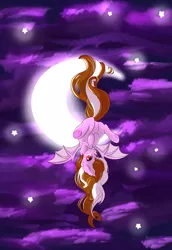Size: 2399x3492 | Tagged: safe, artist:miniaru, derpibooru import, oc, oc:strawberry swirl, unofficial characters only, bat pony, pony, female, hanging, mare, moon, night, solo, stars, tangible heavenly object, underhoof, upside down