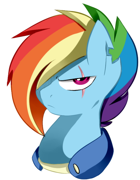 Size: 581x749 | Tagged: safe, artist:chub-wub, derpibooru import, rainbow dash, pegasus, pony, alternate hairstyle, alternate timeline, apocalypse dash, bust, crystal war timeline, eye scar, female, hair over one eye, mare, scar, simple background, solo, transparent background