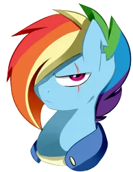 Size: 581x749 | Tagged: safe, artist:chub-wub, derpibooru import, rainbow dash, pegasus, pony, alternate hairstyle, alternate timeline, apocalypse dash, bust, crystal war timeline, eye scar, female, hair over one eye, mare, scar, simple background, solo, transparent background