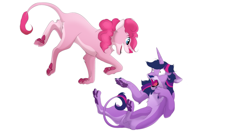 Size: 1715x975 | Tagged: artist:muisstil, big cat, claws, derpibooru import, duo, fangs, horn, lion, lioness, lionified, literal, open mouth, paw pads, paws, pinkie pie, safe, simple background, species swap, surprised, transparent background, twilight sparkle, underpaw, wide eyes