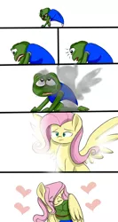 Size: 2400x4500 | Tagged: safe, artist:chub-wub, derpibooru import, fluttershy, frog, pegasus, pony, absurd resolution, comic, crying, cute, eyes closed, feels, feels bad man, feels good man, female, heart, hug, male, mare, meme, pepe the frog, sad