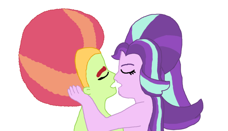 Size: 1176x679 | Tagged: suggestive, artist:ktd1993, derpibooru import, starlight glimmer, tree hugger, equestria girls, afro, crack shipping, female, kissing, lesbian, shipping, simple background, starhugger, transparent background