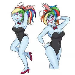Size: 3507x3507 | Tagged: suggestive, artist:sumin6301, derpibooru import, rainbow dash, equestria girls, armpits, bedroom eyes, breasts, bunny ears, bunny suit, busty rainbow dash, cleavage, clothes, eyes closed, female, high heels, image, jpeg, leotard, looking at you, playboy bunny, playboy bunny rainbow dash, shoes, simple background, smiling, solo, solo female, stupid sexy rainbow dash, white background