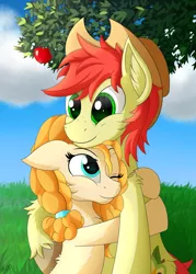 Size: 2000x2800 | Tagged: safe, artist:orangejuicerus, derpibooru import, bright mac, pear butter, pony, the perfect pear, brightbutter, cowboy hat, cute, hat, hug, pearabetes, smiling, stetson, tree