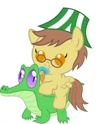 Size: 886x1117 | Tagged: safe, artist:red4567, derpibooru import, gummy, oc, oc:alejandro valverde, oc:ferb fletcher, oc:wallonia, pony, baby, baby pony, cute, lampshade, ocbetes, pacifier, ponies riding gators, riding, simple background, white background