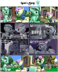 Size: 3928x4880 | Tagged: safe, artist:goatcanon, derpibooru import, bon bon, lyra heartstrings, princess celestia, sweetie drops, twinkleshine, oc, oc:general strawcream, alicorn, earth pony, pony, unicorn, comic:lyra's story, 3d, absurd resolution, backstory, banana, bananalestia, comic, dialogue, female, flashback, food, mare, royal guard, source filmmaker