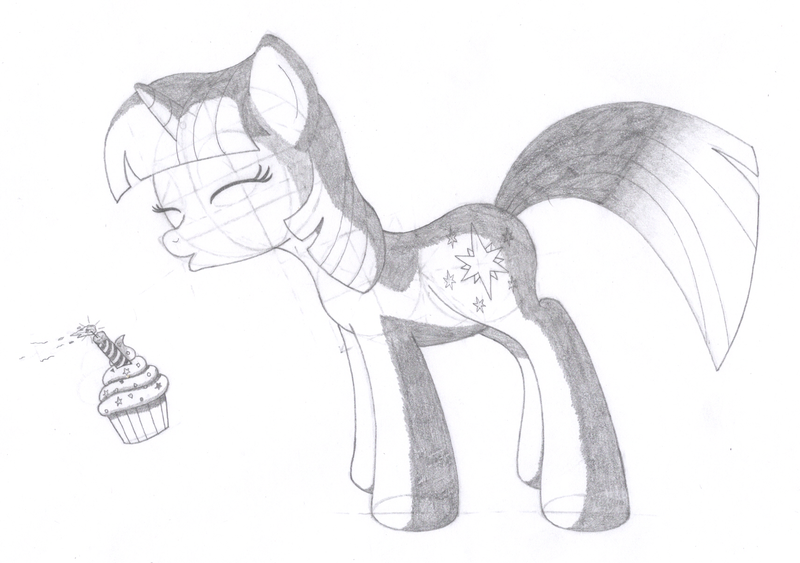 Size: 1712x1204 | Tagged: safe, artist:aafh, derpibooru import, twilight sparkle, pony, unicorn, candle, cupcake, eyes closed, female, food, grayscale, mare, monochrome, simple background, solo, traditional art, white background