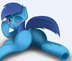 Size: 3500x3000 | Tagged: suggestive, artist:cloufy, derpibooru import, oc, oc:cloufy, unofficial characters only, pony, blue eyes, blushing, dock, featureless crotch, female, looking at you, looking back, one eye closed, solo, solo female, underhoof, wink