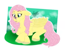 Size: 4512x3512 | Tagged: safe, artist:alexdiren, derpibooru import, fluttershy, butterfly, pony, absurd resolution, colored hooves, cross-eyed, crossed hooves, floppy ears, folded wings, insect on nose, looking at something, open mouth, prone, solo