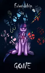 Size: 2700x4320 | Tagged: semi-grimdark, artist:darsiaradianthorner, derpibooru import, twilight sparkle, twilight sparkle (alicorn), alicorn, pony, absurd resolution, broken, dark, dark background, element of generosity, element of honesty, element of kindness, element of laughter, element of loyalty, element of magic, elements of harmony, female, friendship, immortality, immortality blues, mare, solo, twilight will outlive her friends