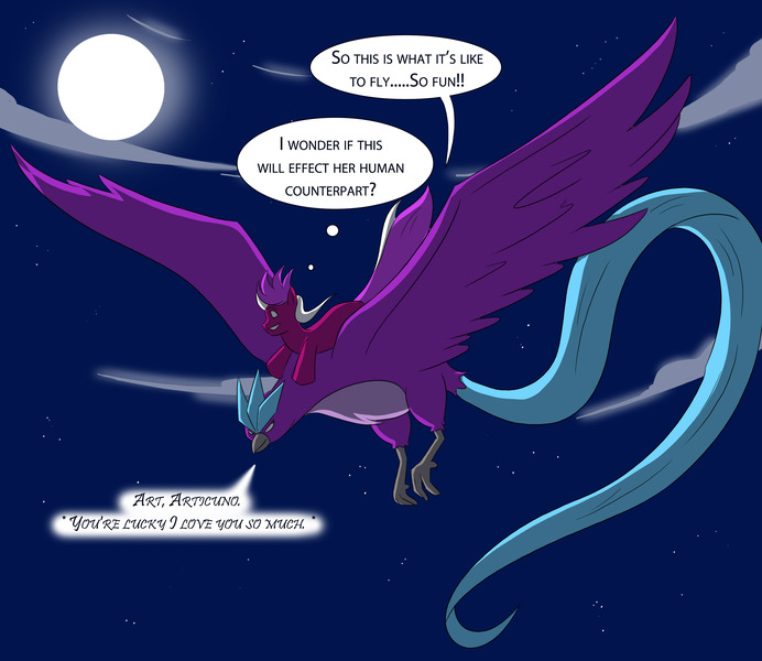 Size: 3000x2600 | Tagged: safe, artist:tfsubmissions, derpibooru import, rarity, oc, oc:burning passion, articuno, bird, pony, unicorn, birdified, chest fluff, cloud, dialogue, female, flying, full moon, mare, moon, night, pokefied, pokémon, post-transformation, raricuno, smiling, species swap, speech bubble, speech change, spread wings, stars, thought bubble, transformation, transformed, wings