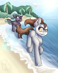 Size: 2000x2500 | Tagged: safe, artist:misfit, derpibooru import, oc, oc:dia, oc:jaws, unofficial characters only, pony, 143layers, beach, friends, fullbody, fully shaded, ilovethissomuch, sunflare, water, watermark