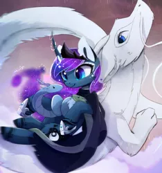 Size: 1500x1600 | Tagged: safe, artist:magnaluna, derpibooru import, princess luna, oc, oc:zefiroth, alicorn, dragon, pony, snake, blurry, canon x oc, cheek fluff, chest fluff, crown, curved horn, cute, depth of field, ear fluff, female, floppy ears, fluffy, galaxy mane, jewelry, leg fluff, luck dragon, lunabetes, male, mare, paws, regalia, smiling, straight