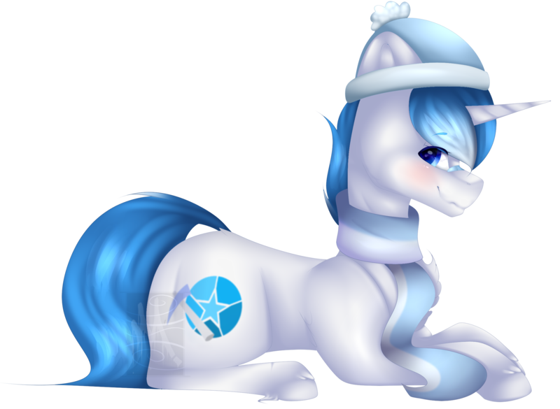 Size: 2247x1644 | Tagged: safe, artist:mauuwde, derpibooru import, oc, oc:diamond star, unofficial characters only, pony, unicorn, bandaid, clothes, hat, looking back, male, prone, requested art, scarf, simple background, smiling, snow cap, solo, stallion, transparent background, watermark, winter outfit