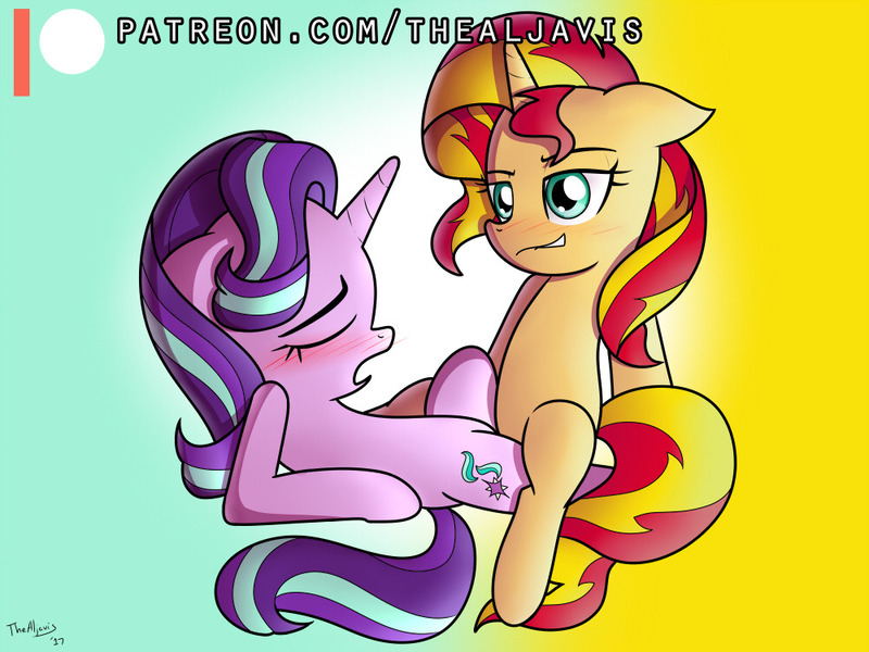 Size: 1000x750 | Tagged: explicit, artist:thealjavis, derpibooru import, starlight glimmer, sunset shimmer, pony, ahegao, blushing, female, lesbian, open mouth, sex, shimmerglimmer, shipping, tribadism