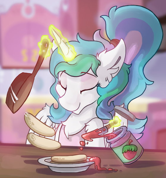 Size: 900x964 | Tagged: safe, artist:saxopi, derpibooru import, princess celestia, alicorn, pony, alternate hairstyle, apron, chest fluff, clothes, cooking, ear fluff, eyes closed, food, frying pan, jam, leg fluff, levitation, magic, morning ponies, pan, pancakes, ponytail, robe, smiling, solo, strawberry jam, telekinesis, wing fluff