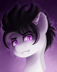 Size: 1600x2000 | Tagged: safe, artist:spirit-dude, derpibooru import, oc, oc:ace spade, unofficial characters only, pony, ear piercing, fangs, glowing eyes, grin, looking at you, male, piercing, smiling, solo, stallion