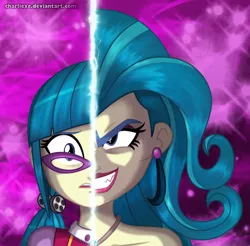 Size: 926x910 | Tagged: safe, artist:charliexe, derpibooru import, juniper montage, equestria girls, mirror magic, spoiler:eqg specials, clothes, duality, ear piercing, earring, female, glasses, grin, jewelry, juniper monstar, looking at you, piercing, pigtails, smiling, solo, split screen, two sides