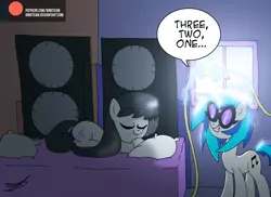 Size: 1024x745 | Tagged: safe, artist:ringteam, derpibooru import, octavia melody, vinyl scratch, earth pony, pony, unicorn, bed, bedroom, cables, dialogue, glasses, morning, patreon, patreon logo, sleeping, speakers, this will end in deafness, this will end in divorce, this will end in pain, this will end in tears, this will not end well, window