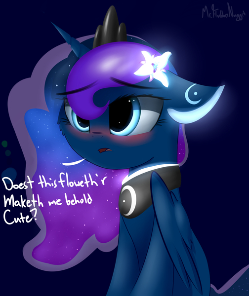 Size: 2100x2500 | Tagged: safe, artist:a8f12, derpibooru import, princess luna, alicorn, pony, blushing, cute, dialogue, floppy ears, flower, folded wings, lunabetes, question, question mark, sitting, solo, ye olde butcherede englishe