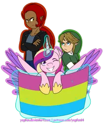 Size: 1450x1720 | Tagged: safe, artist:yogfan, derpibooru import, princess cadance, alicorn, hylian, pony, cap, clothes, crossover, female, flag, ganondorf, glare, hat, jacket, lgbt, link, looking at each other, looking at you, male, mare, one eye closed, pansexual, pansexual pride flag, pride, pride flag, simple background, smiling, spread wings, the legend of zelda, transparent background, wings, wink