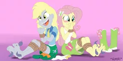 Size: 5438x2727 | Tagged: safe, anonymous artist, artist:chaoskomori, derpibooru import, derpy hooves, fluttershy, equestria girls, absurd resolution, barefoot, blushing, bondage, boots, clothes, colored, derpysub, duo, duo female, feather, feet, female, femsub, fetish, fluttersub, foot fetish, gradient background, high heel boots, image, necktie, png, rope, rope bondage, shoes, skirt, socks, soles, submissive, tickle torture, tickling, tied up