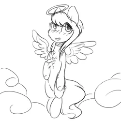 Size: 3000x3000 | Tagged: safe, artist:angelic-shield, derpibooru import, oc, oc:angelic shield, unofficial characters only, pegasus, pony, blushing, cloud, cute, female, mare, monochrome, simple background, sketch, smiling, solo