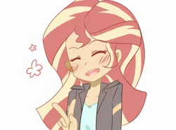 Size: 2368x1750 | Tagged: safe, artist:yuck, derpibooru import, sunset shimmer, equestria girls, bust, cute, eyes closed, female, peace sign, shimmerbetes, simple background, smiling, solo, white background