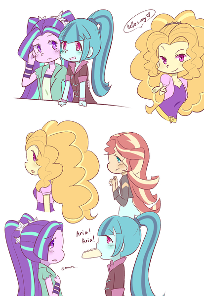 Size: 1280x1860 | Tagged: safe, artist:yuck, derpibooru import, adagio dazzle, aria blaze, sonata dusk, sunset shimmer, equestria girls, arisona, colored pupils, comic, dialogue, female, food, lesbian, mouth hold, shipping, simple background, sunsagio, taco, white background